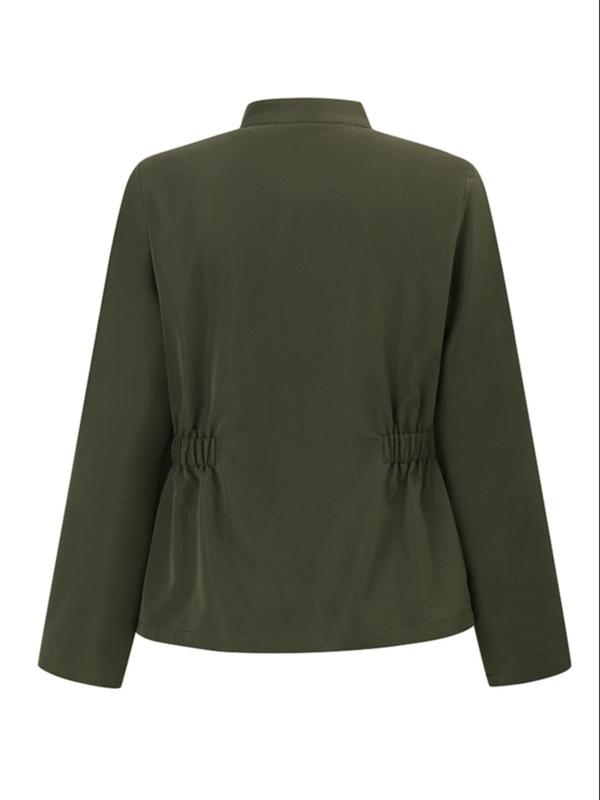 Women's Solid Color Button Front Pocket Jacket, Casual Long Sleeve Stand Collar Outerwear for Fall & Winter, Ladies Clothes for Daily Wear